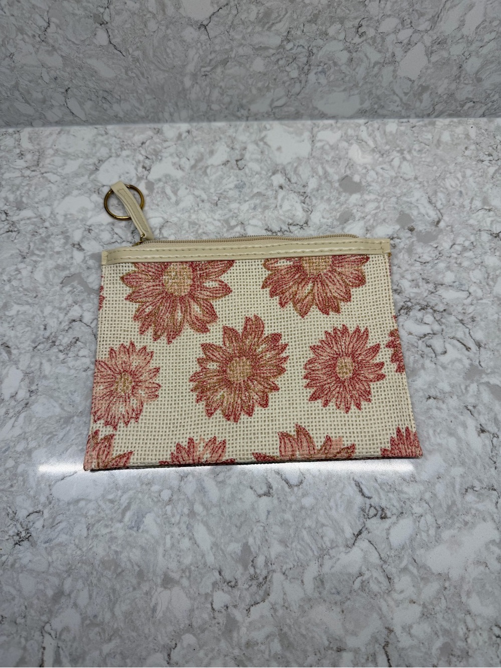 Canvas Floral Zip Pouch - Cream with Coral Flowers